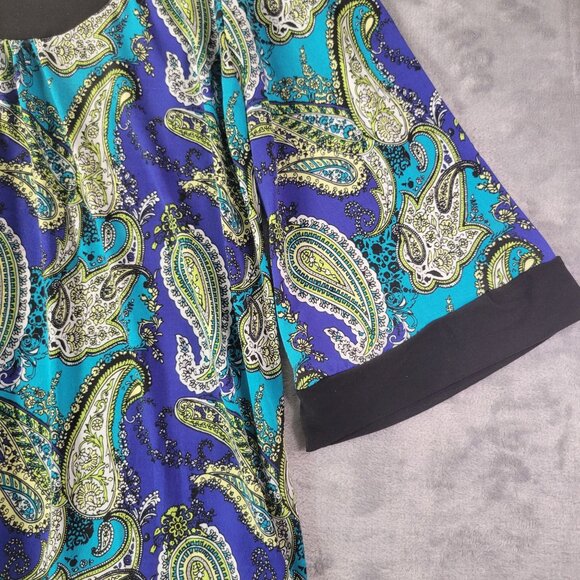 Cato Womens M Paisley Print Tunic Top Bell Sleeve Boho Retro Blue Green Black - Picture 3 of 8